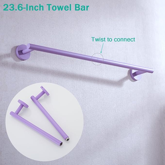Bathroom Accessories Set,Purple 5 Pieces Bathroom Hardware Set,24 inch Towel Bar,Towel Ring for Bathroom,Robe Towel Hooks,Toilet Paper Holder Wall Mounted(Drilling),SE96006S-5PP