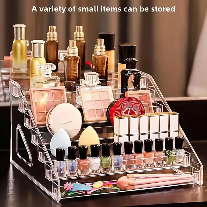 YICBOR Nail Polish Rack, 7 Layers Clear Plastic Nail Polish Storage Organizer Display, Freestanding Makeup Caddy for Sunglasses, Cosmetics (7 Layers)