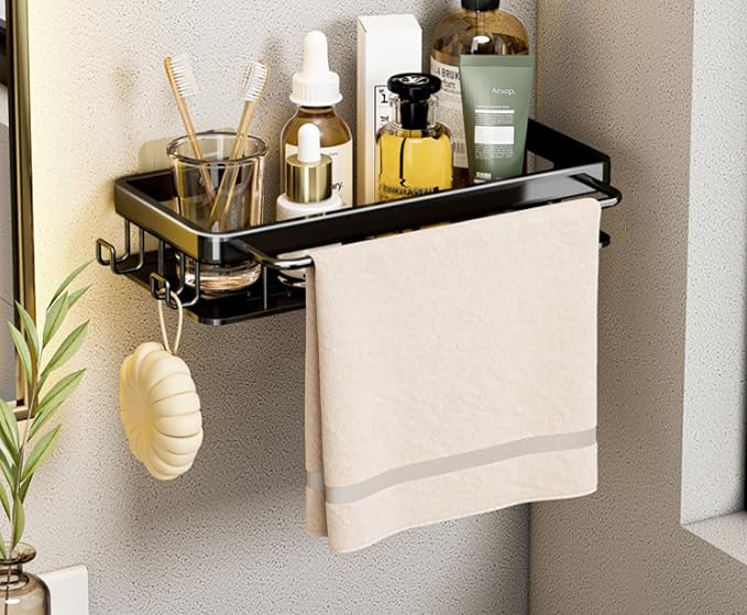 Shelf, Bathroom washbasin Storage, Single Layer Thickened Patch Square Basket - with Hook and Rod