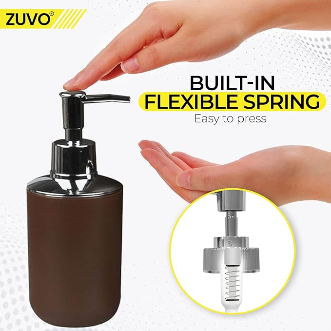 Bathroom Accessories Set 6 Piece -(Trashcan, Soap Dispenser, Toothbrush Holder, Soap Dish,Toilet Brush) for Decorative Countertop and Housewarming Gift (Brown)