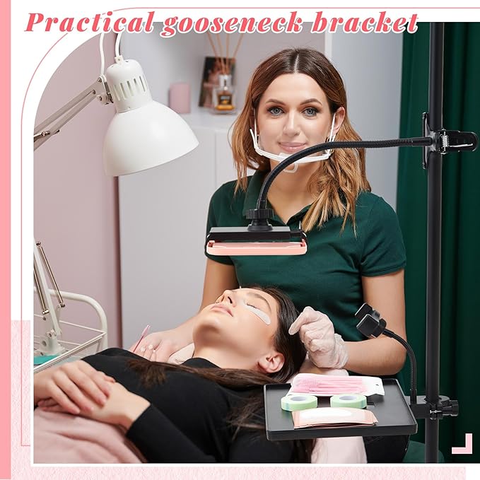 Saillong Adjustable Lash Tray Holder for Ring Light Tray 10.6" x 8" Lash Trays Organizer with Phone Holder, Makeup Mirror and Mirror Clip for Salon or Home Use Eyelash Extensions Supplies