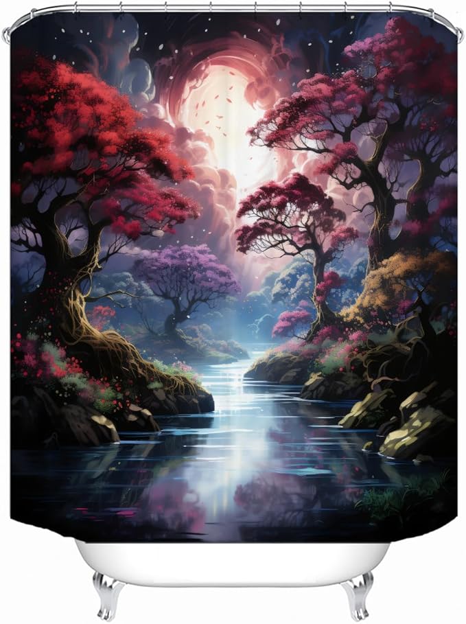 Shower Curtains, with Forest and River Themed Bright Colors, Brings A Unique Artistic Atmosphere to The Bathroom. The 72x79 Inch Fabric Shower Curtain Comes with 12 Hooks.