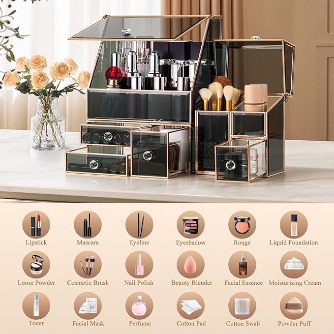 Glass Makeup Organizer for Vanity, High-End Cosmetic Storage Box for Skincare, Perfume, Brushes & Lipsticks, Elegant Countertop Organizer for Bathroom or Dresser- Christmas Gifts For Women