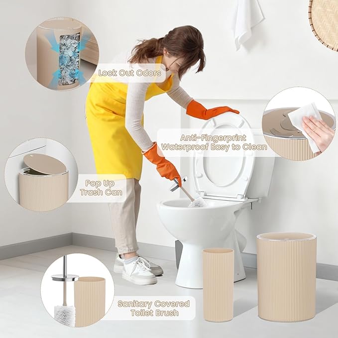 Beige Bathroom Accessories Set, 10PC Bathroom Set, Bath Accessory with Pop Up Trash Can, Soap Dispenser, Toilet Brush, Toothbrush Set Qtip Holders & Tray