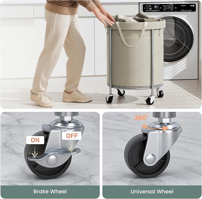 Aduanbang 170L Laundry Basket with Wheels, Rolling Hamper with Removable Bag & Steel Frame, Round Laundry Cart with 4 Casters & 2 Brakes, Ideal for Bedroom, Bathroom & Laundry Room