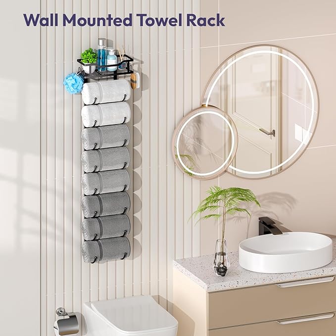 SWTYMIKI Over The Door Towel Rack - 9 Tier Towel Racks for Bathroom Wall Mounted, Towel Holder with Shelf, Hanging Rolled Towel Storage Organizer for Small Bathroom, Camper, RV, Black