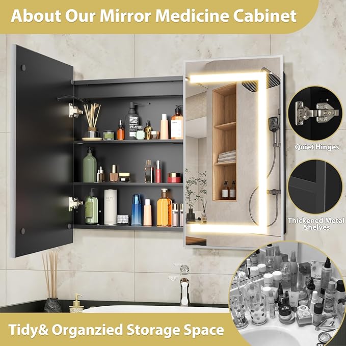 ROOMTEC Lighted Medicine Cabinet with Mirror 40"x32", Wall Mounted Bathroom Mirror with Storage, 2 Doors Bathroom Wall Cabinet with LED Lights,Silver