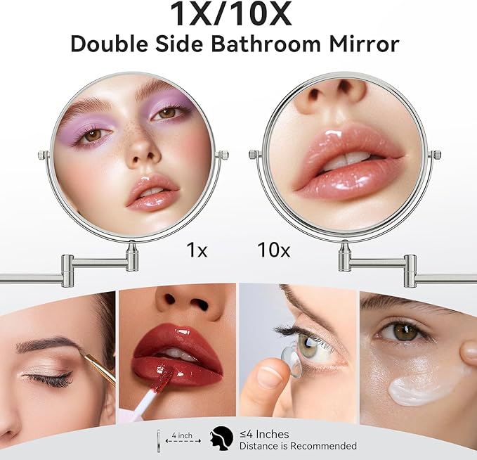 Nicesail Wall Magnifying Mirror Double-Sided, Make up Mirror for Bathroom Vanity Magnifying Wall Mount Makeup with 10X Magnification, Mountable Shaving Mirror Brushed Nickel Finish(8 Inch, 10X)