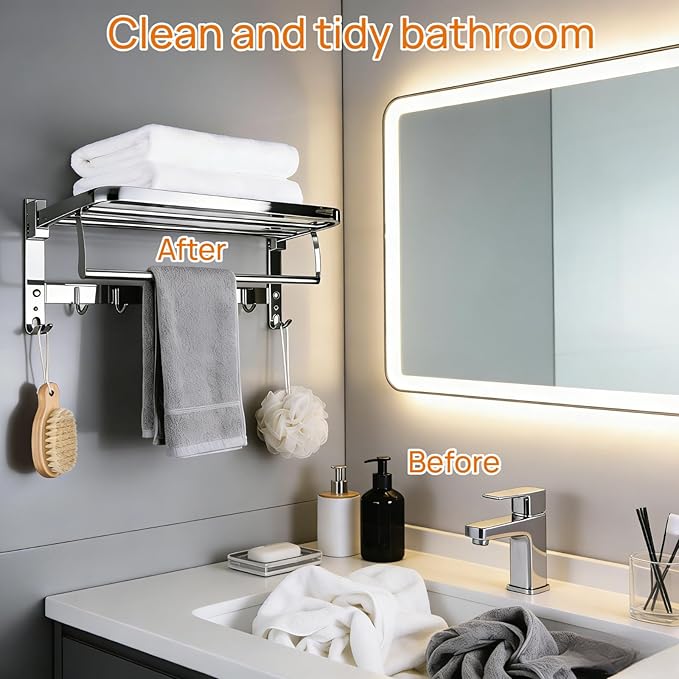 24" Double Towel Rack with 7 Hooks, SUS304 Stainless Steel Towel Bar Towel Rack with Shelf, 90° Foldable Towel Holder, for Bathroom Wall Mounted.（Mirror Polished Silver）