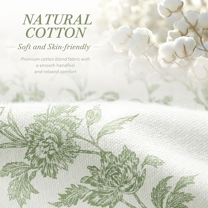 Sage Green Floral Shower Curtain,Vintage Cotton Cottagecore Shower Curtains for Bathroom, 72" W x 72" L
