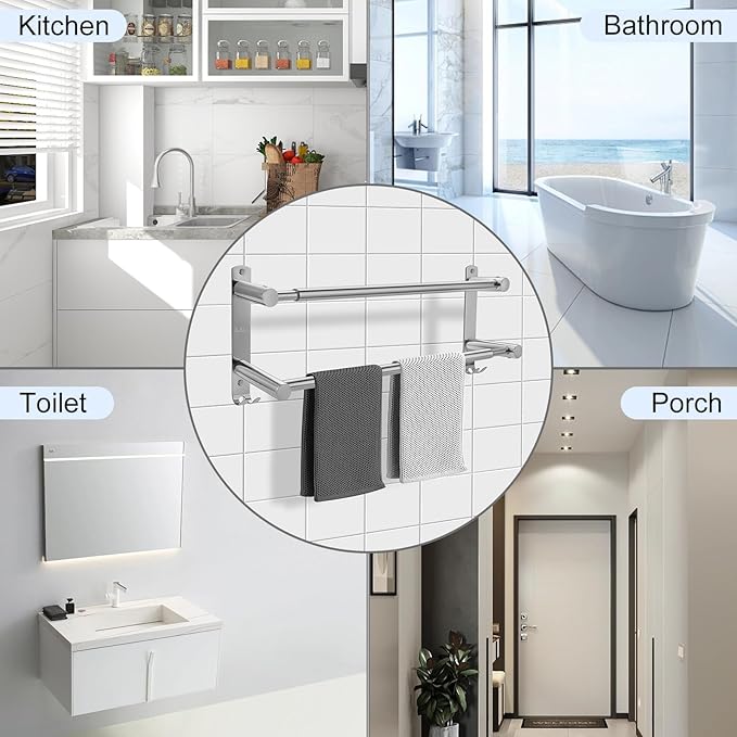 Double Towel Bar, Stainless Steel Adjustable 16 to 28In Double Towel Racks for Bathroom, Double Bath Towel Bar,Applicable to Bathrooms and Kitchens