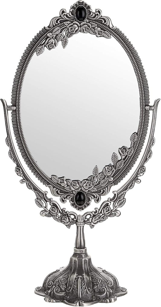 JUXYES Metal Tabletop Antique Decorative Makeup Mirror with Stand, Vintage Swivel Double Sided Cosmetic Mirror with Frame, Retro Desktop Oval Dressing Mirror for Bathroom Bedroom
