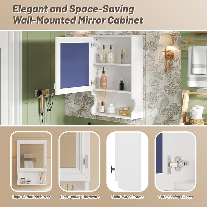 Bathroom Wall Cabinet with Mirror, Medicine Cabinet with Door and Adjustable Shelf, Space Saver Storage Cabinets Over The Toilet for Bathroom (20'' x 28'')