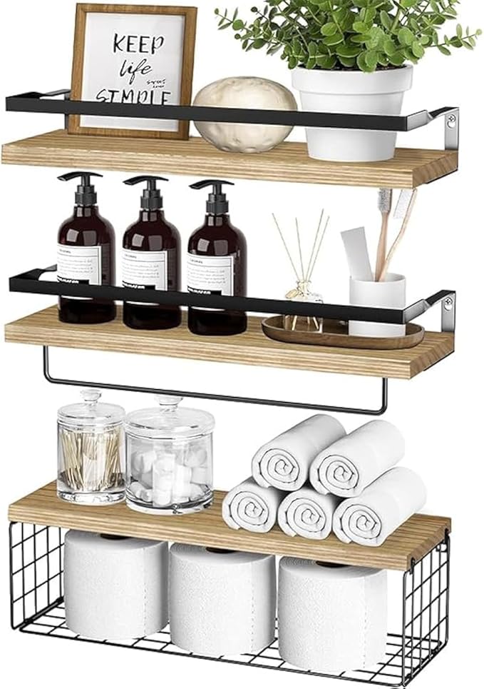 Generic Wooden Floating Shelves for Bathroom Organizer Over Toilet Wall Shelf Bathroom Organizer with Metal Frame Bathroom Shelf with Basket Storage Rack (Light Burning Color)