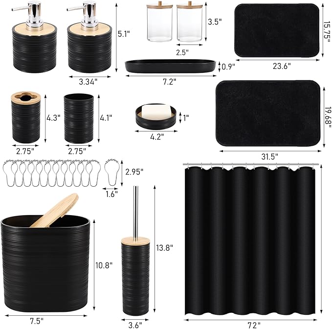 XLHOMO Bathroom Set - Black Bathroom Accessories Set, Bathroom Sets with Shower Curtain and Rugs, 25PC Shower Curtain Set with Hooks, Soap Dispenser, Soap Dish, Toilet Brush Holder and Trash Can