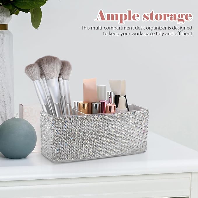 TEHAUX Bling Makeup Organizer for Vanity with 3 Compartments Rectangular Cosmetic Storage Box for Desk Makeup Brushes Lipsticks - Elegant Rhinestone Design 2.87 X 7.28 X 2.87 Inches