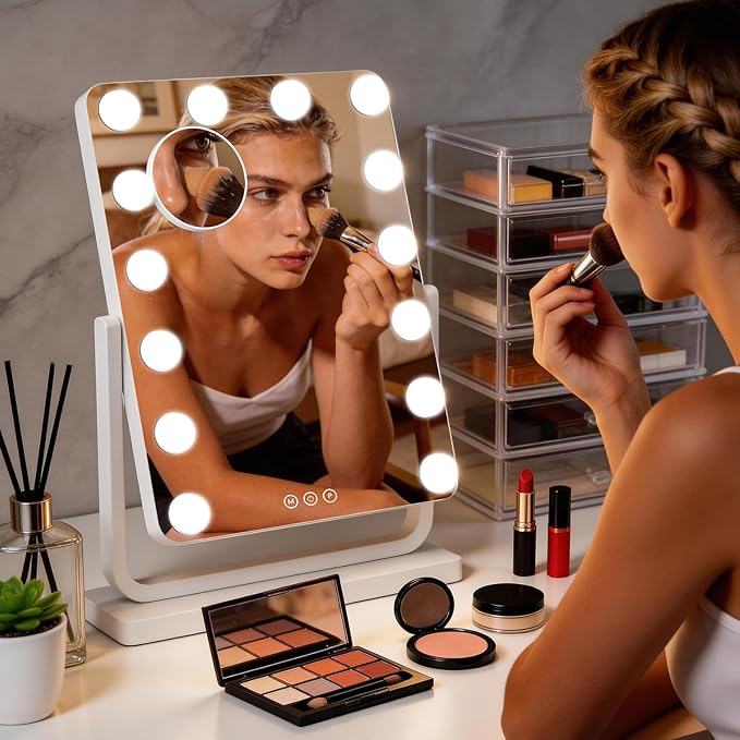 Vanity Mirror with Lights, 18"×15" Hollywood Makeup Mirror with 14 Dimmable Bulbs, 3-Color Lighting, Dimmable, 360° Rotation, 10x Magnification, Desk Mirror, Bedroom (White)