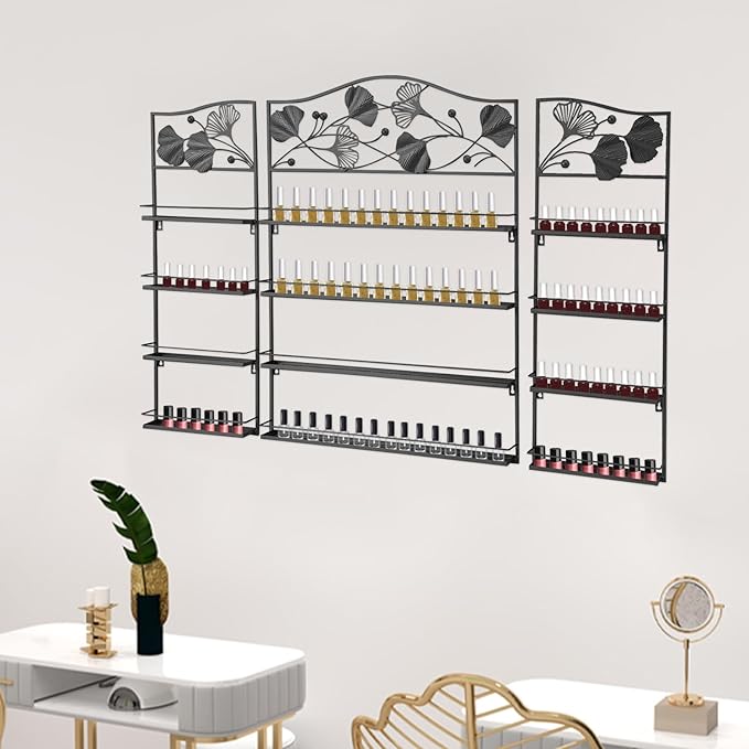 3Pcs Wall-Mounted Nail Polish Racks, 4-Tier Metal Makeup Display Wall Shelf Storage Organizer for Cosmetic Perfume Lipstick Home Spa Nail Salon (Black)