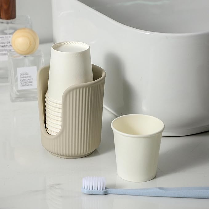 Dobbyby Ceramic Bathroom Cup Dispenser with Stylish Vertical Stripes - Disposable Mouthwash Cup Holder Holds 3-4oz Paper Cups for Rinsing Cups on Bathroom Vanity Countertops (Matte Beige)