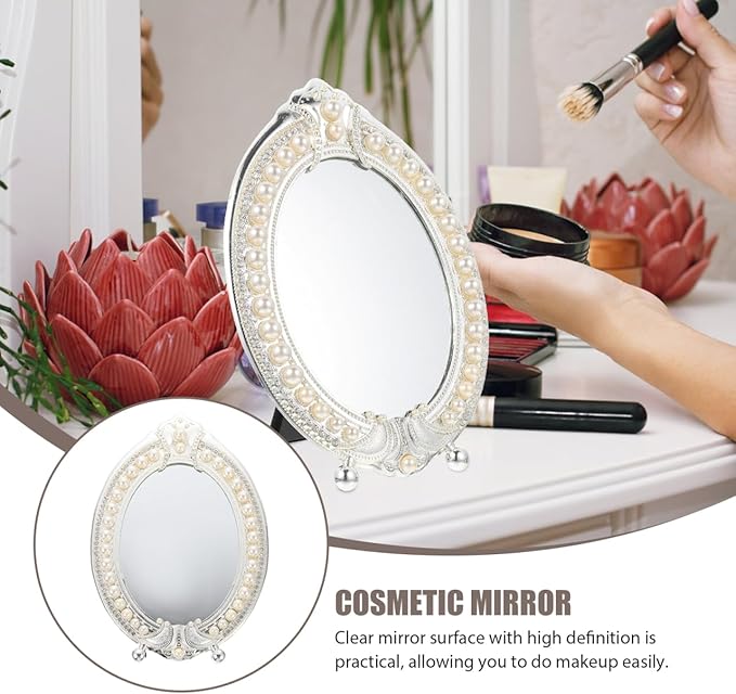 Hemoton Vintage Makeup Mirror with Retro Pearl Frame Desktop Vanity Mirror for Dressing Table High Definition Cosmetic with Stable Stand Elegant Room Decor