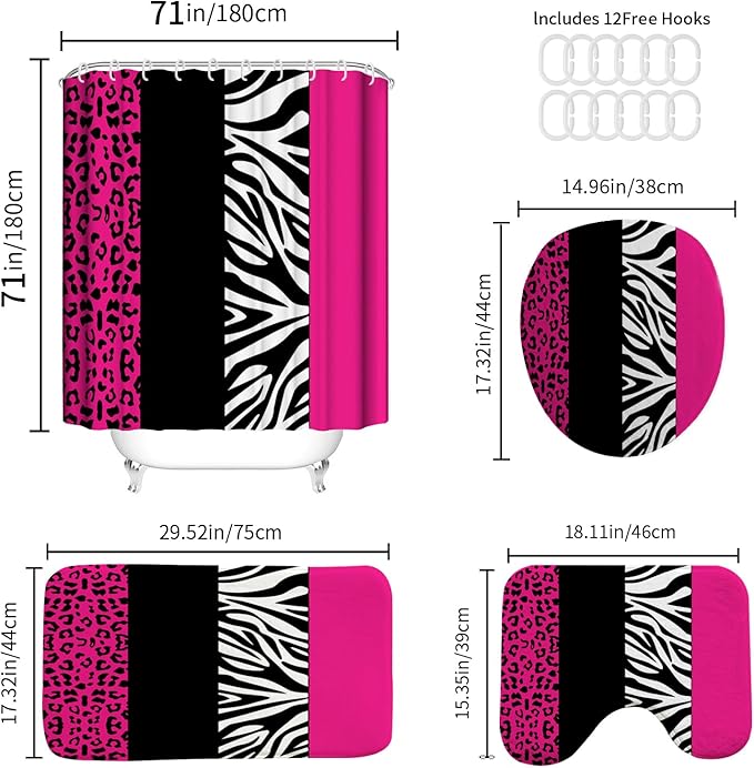 Onalasyc 4Pcs Rosy Leopard Shower Curtain with Rugs Set Waterproof Cheetah Print Bathroom Sets with Shower Curtain and Rugs Rosy Leopard Animal Print Bathroom Curtains Shower Set with 12 pcs Hooks