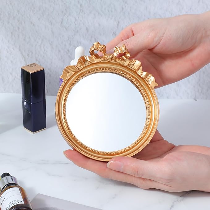Abeillo Small Gold Desk Mirror, 4.2'' Round Decorative Mirror Vintage Table Mirrors with Gold Resin Frame for Bedroom Bathroom Tabletop Wall