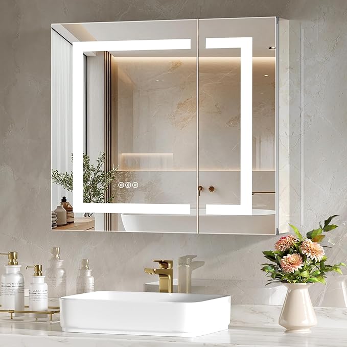 30x26 Inch Bathroom Medicine Cabinet with Mirror, Lighted Bathroom Mirror with Storage, Recessed /Surface Mount Medicine Cabinet with Socket & USB, Anti-Fog, 3 Colors Temperature, Dimmable Light