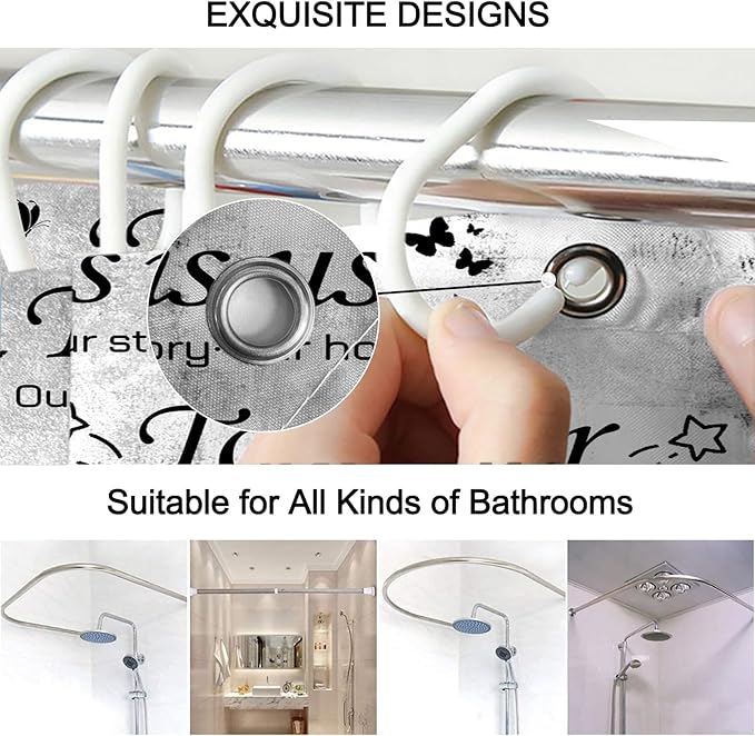 Lnond 4Pcs Bathroom Shower Curtain Sets with Rugs, White Black Motivational Home Family Bathroom Sets with Shower Curtain and Rugs and Accessories
