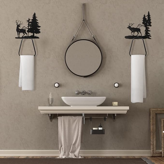 Peryiter 3 Pcs Bear Towel Holder Rustic Towel Racks Cabin Bathroom Decor Black Bear Deer Wipe Ring Wall Decorations Farmhouse Kitchen Gifts