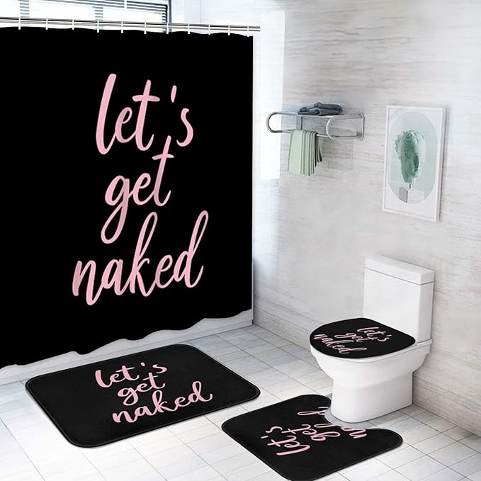 ArtSocket 4PC Pink Let's Get Naked Shower Curtain Sets Black Bathroom Decor with Rugs, Non-Slip Rug,Toilet Lid Cover, Bath Mat and 12 Hooks 72x72 inches