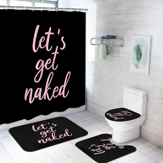 ArtSocket 4PC Pink Let's Get Naked Shower Curtain Sets Black Bathroom Decor with Rugs, Non-Slip Rug,Toilet Lid Cover, Bath Mat and 12 Hooks 72x72 inches