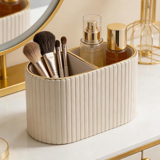 KINGFOM Makeup Brush Holder Organizer with Divider, PU Leather Vanity Brush Holder for Bathroom Countertop & Dressing Table, Cosmetic Desktop Storage Caddy for Makeup Tools Oval (Mocha Beige)
