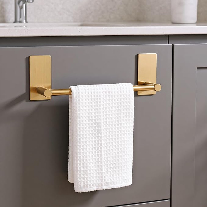 Songtec Gold Towel Bar 16-Inch, Adhesive Stick On Bath Towel Rack No Drill, Strong Adhesion Tape Mount Towel Holder, Stainless Steel - Brushed Gold
