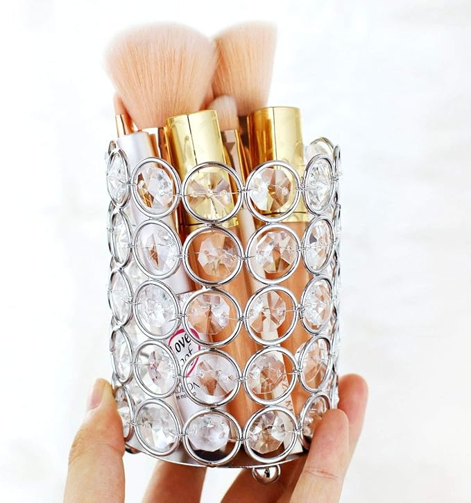 Pahdecor Makeup Brush Holder Storage Organizer with 5 Layers Beads,Handmade Vintage Crystal Beads Candle Container Holder Candlesticks Pencil Cup Flower Vase,4.6x3.2inch(HxW), Silver Color
