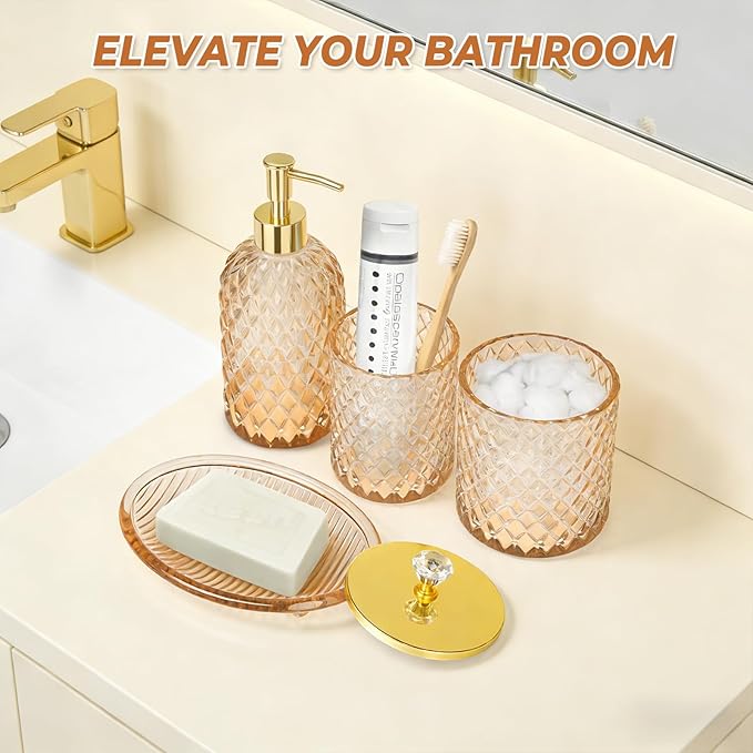 Jenseits Amber Glass Bathroom Accessories Set 4 Pcs - Vintage Diamond Pattern Bathroom Set with Gold Pump - Soap Dispenser, Tray, Toothbrush Holder, Qtip Holder - Rustic Farmhouse Decor