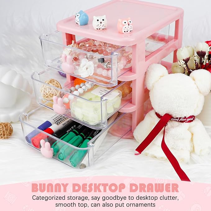 3 Layer Plastic Storage Drawer Transparent Sundries Storage with Rabbit Handle Jewelry Storage Container for Office School Home