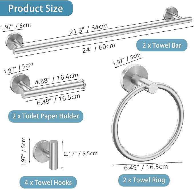 Newfun 10-Pieces Bathroom Hardware Set, Includes 24 Inch Towel Racks for Bathroom Wall Mounted, Toilet Paper Holder, Towel Hooks for Bathrooms, Towel Rings for Bathroom Wall (Brushed Nickel)