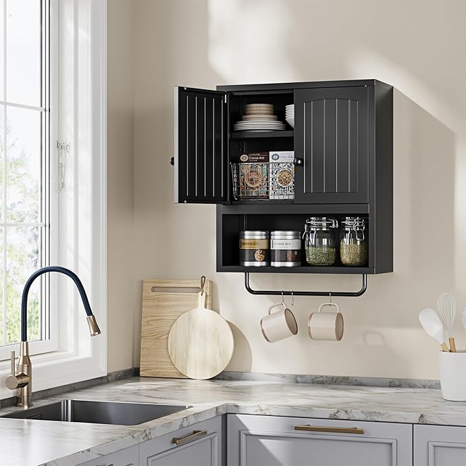 Letaya Metal Bathroom Wall Cabinet with 2 Doors,Medicine Cabinet with Towel Rack,Wall Mounted Storage Cabinet (Black)