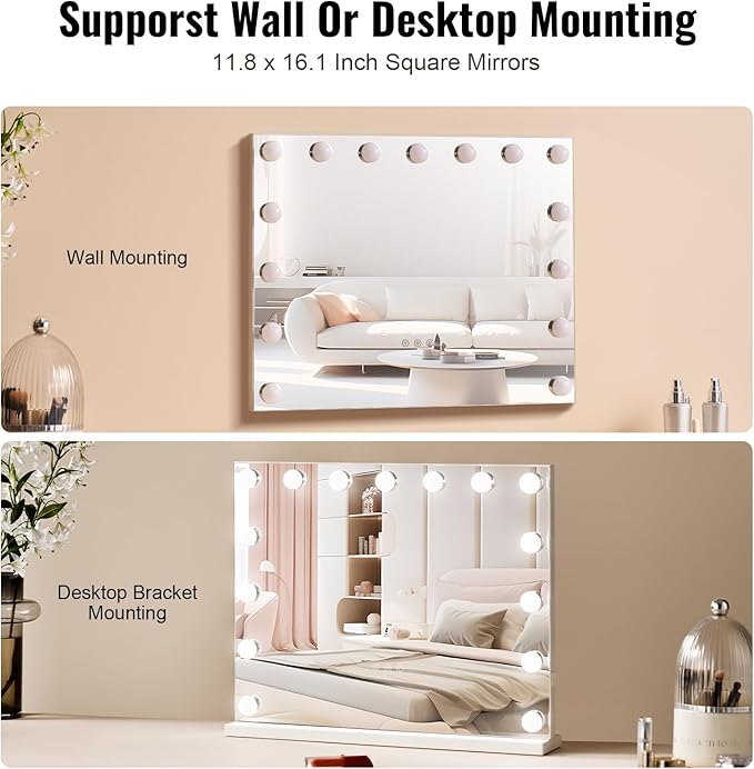 VEVOR Hollywood Vanity Mirror with Lights,15 Dimmable Bulbs &3 Color Lighting Modes, Makeup Mirror w/Detachable 5X Magnification,USB Port,Smart Touch Control,Desktop Wall-Mount(22.8x18.1 in, White)