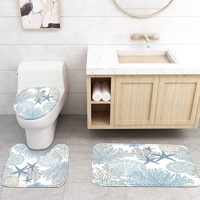 Nkzply 4 Pcs Beach Shower Curtain Blue Bathroom Sets with Shower Curtain and Rugs Ocean Shower Curtain Set Starfish Bathroom Decor Accessories Seashell Bathroom Rug Set Nautical Toilet Lid Cover Hooks