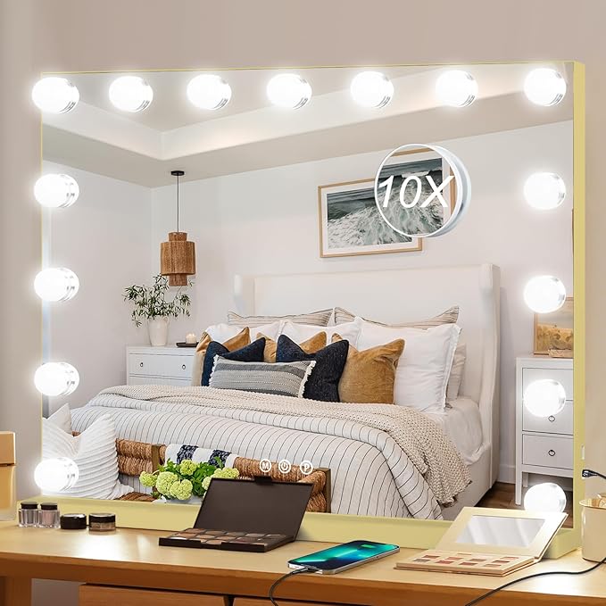 Moonee Gold Vanity Mirror with Lights, Hollywood Lighted Makeup Mirror with 15 Dimmable Bulbs and 10X Magnification, 3 Colors Modes, Aluminum Metal Frame, Light Up Mirror for Tabletop/Wall（23" x 18"）