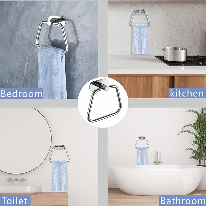 Self-Adhesive Towel Ring, Bathroom Hardware Accessories, 304 Stainless Steel Hand Towel Holder for Bathroom and Kitchen, Ladder Towel Hook, No Drill Installation Wall Mount (Chrome)