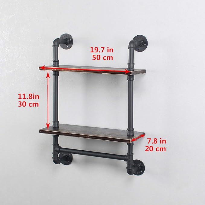 Industrial Pipe Shelf Bathroom Shelves Wall Mounted,19.6in Rustic Wood Shelf with Towel Bar,2 Tier Farmhouse Towel Rack Over Toilet,Pipe Shelving Floating Shelves Towel Holder,Retro Black