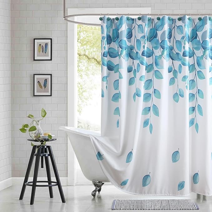 Fabric Shower Curtain, Blue Watercolor Eucalyptus Leaves Shower Curtain for Bathroom, 72" W x 72" H