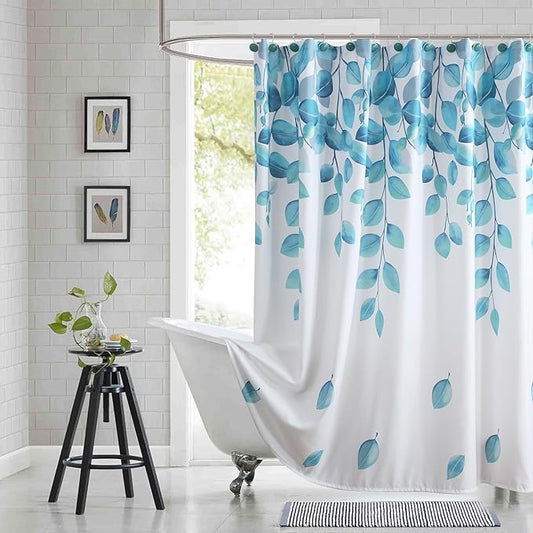 Fabric Shower Curtain, Blue Watercolor Eucalyptus Leaves Shower Curtain for Bathroom, 72" W x 72" H