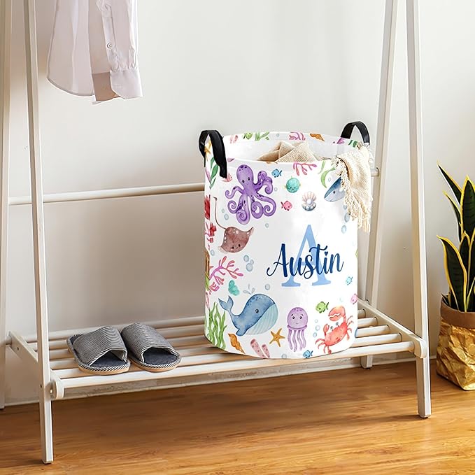 Large Custom Name Laundry Hamper, Ocean Sea Personalized Dirty Clothes Hamper Storage Basket with Name for Bathroom Bedrooms, Customized Name Circular Hamper with Handles for Baby Boys Girls Men Women