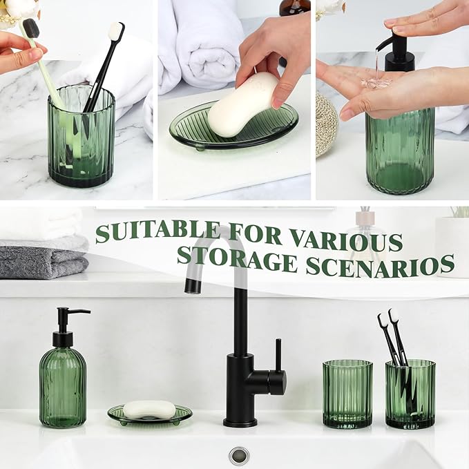 Bathroom Accessories Set, 4Pcs Glass Bathroom Accessories Sets Complete Lotion Soap Dispenser, Toothbrush Holder, Mouthwash Cup, Soap Dish for Bathroom Decor, Countertop Organizer (Green)
