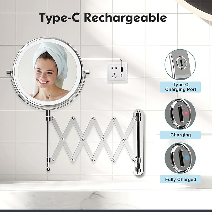 5000mAh Rechargeable Wall Mounted Makeup Mirror - 8 Inch Double Sided 1X/30X Magnifying Mirror with 3 Color Lights Dimmable Touch Screen, 360°Swivel 19.6 Inch Extendable Accordion Bathroom Mirror