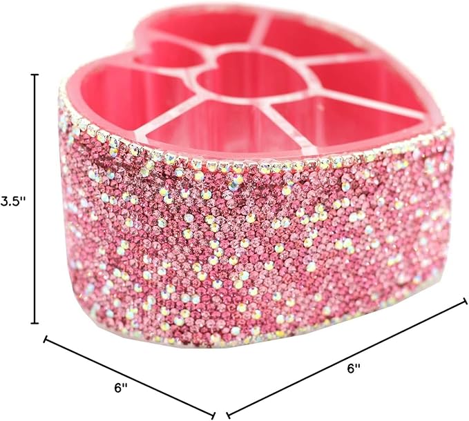 Desktop Cosmetic Storage Box 8-hole Heart-Shaped Bling bling Rhinestone Cosmetic Tools storage Box Jewelry Storage Box (Pink)