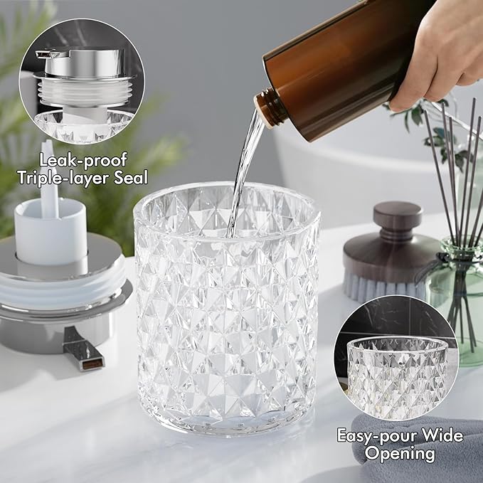 Glass Bathroom Accessories Set 5Pcs Crystal - Foaming Soap Dispenser, Soap Dish, Cup, Acrylic Toothbrush Holder with Tray Organizer, Qtip Jar, Bathroom Counter Set Sink Decor (Clear)